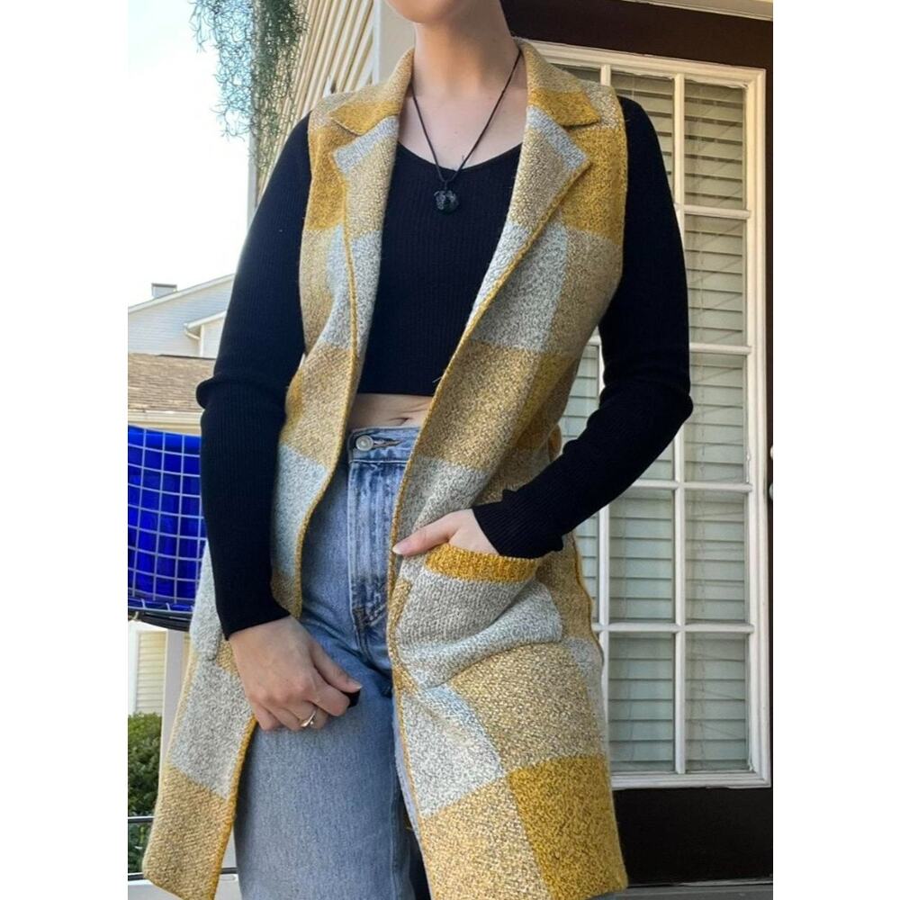 5356)Monteau Los Angeles Open Front Yellow Plaid Knit Long Sweater Vest Duster S